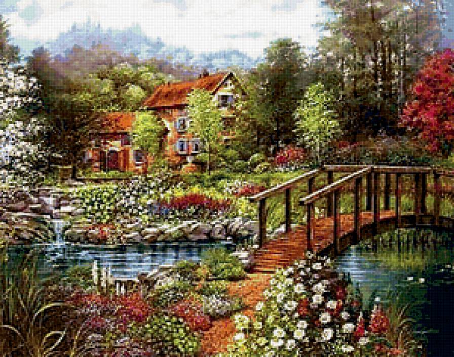 Цветочный уголок - цветы, пейзаж, мост, парк - предпросмотр