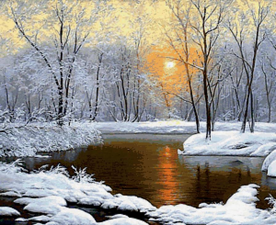Хрустальная зима - зима, иней, лес, пейзаж, закат, солнце, река - предпросмотр