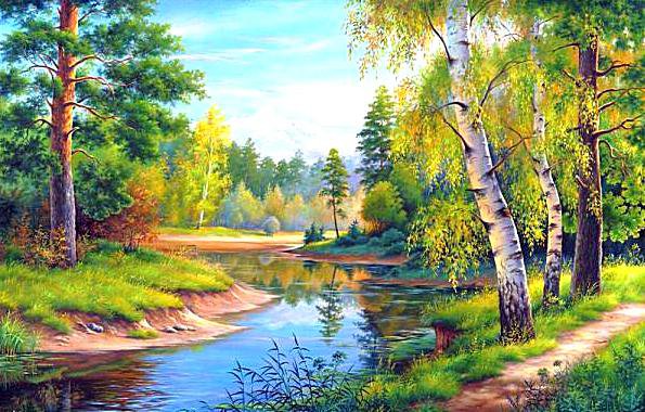 Тихая речка - картина, березки, пейзаж, река - оригинал
