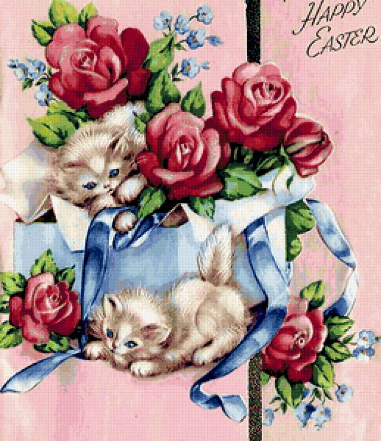 Котята - котята, розы, пасха, кошки, праздник, незабудки, винтаж - предпросмотр