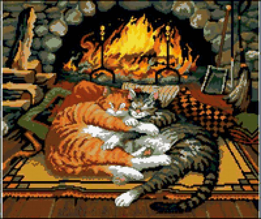 Коты у камина - коты, животные, камин, огонь - предпросмотр