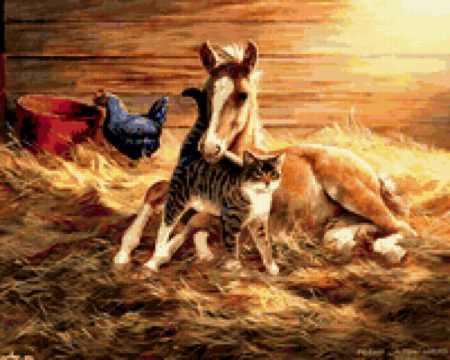 Кот и жеребенок - кот. жеребенок, животные, курица - предпросмотр