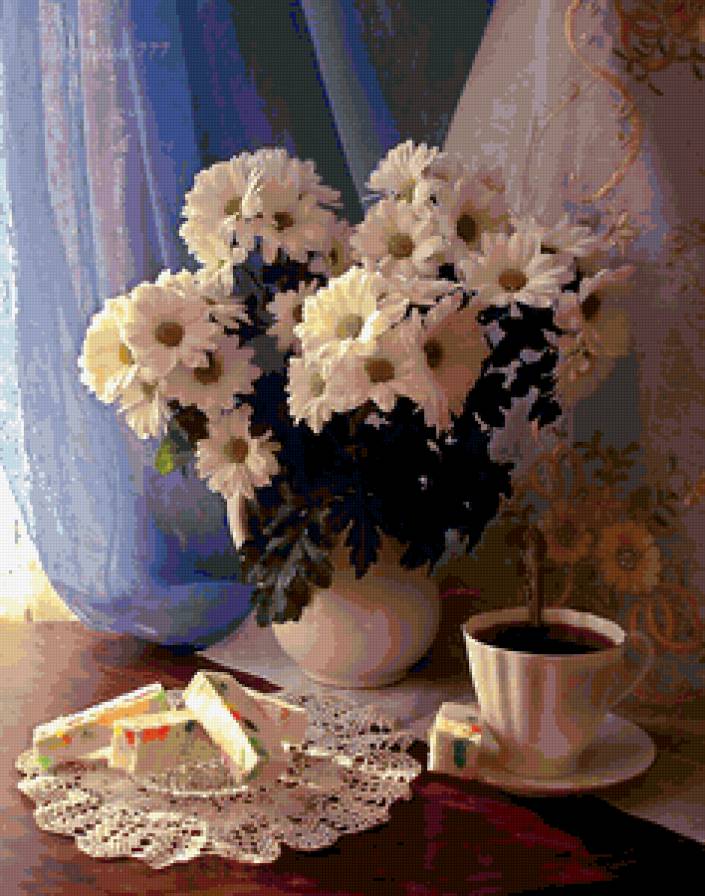 Хризантемы - натюрморт, цветы, букет, картина - предпросмотр