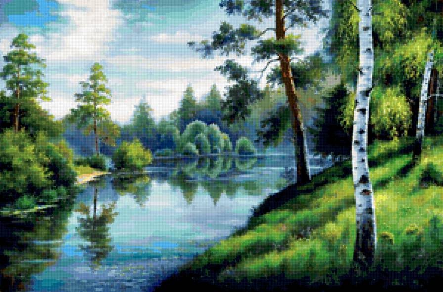картина - природа, речка, пейзаж, лес, лето - предпросмотр