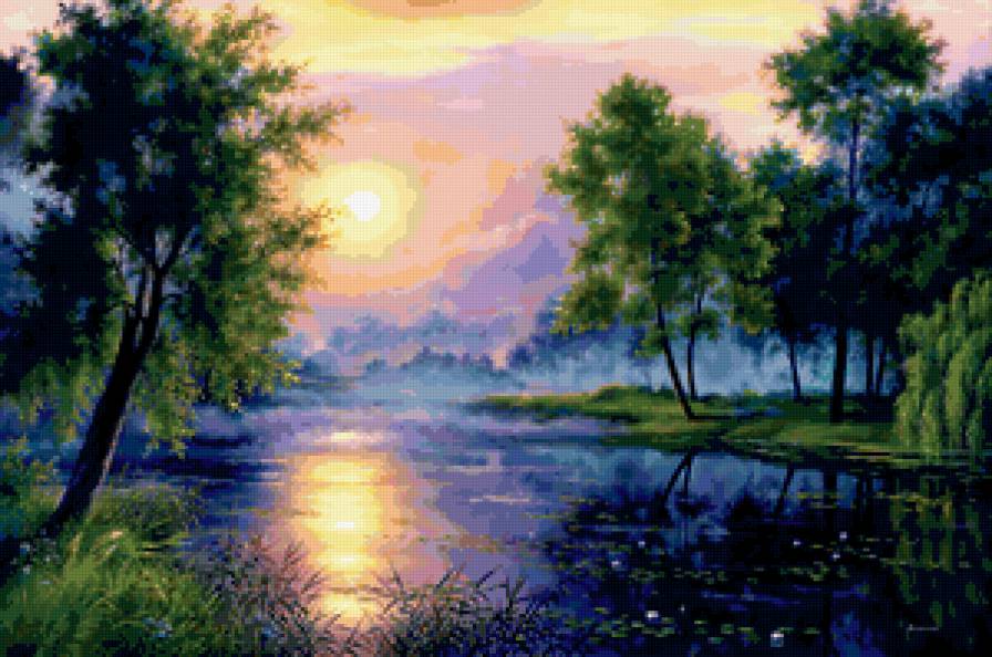 картина - закат, природа, речка - предпросмотр