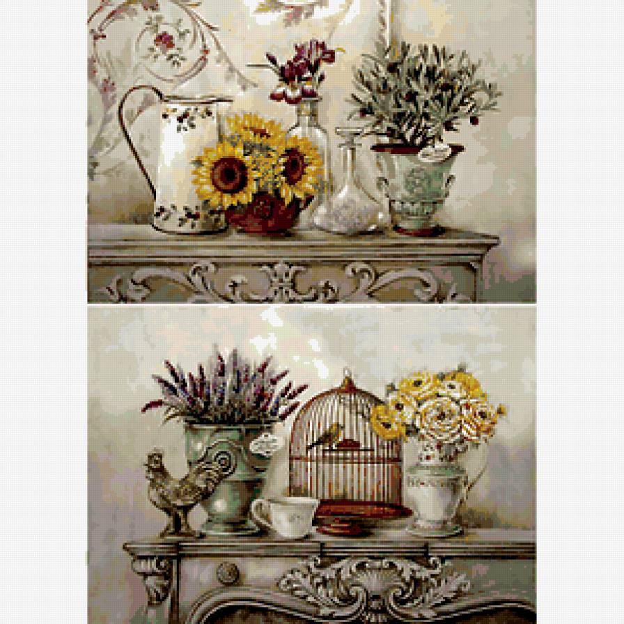 №315152 - натюрморт, лаванда, цветы, подсолнухи, диптих, вазы, олива - предпросмотр
