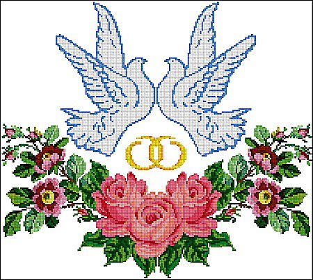 Для свадебного рушника - рушник, голубки, свадьба, цветы, кольца - оригинал