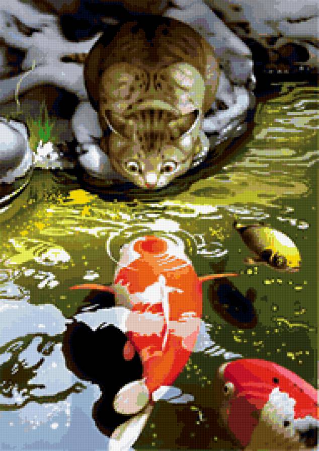 Макото Мураматсу. - красные карпы, животные, пруд, кошки - предпросмотр