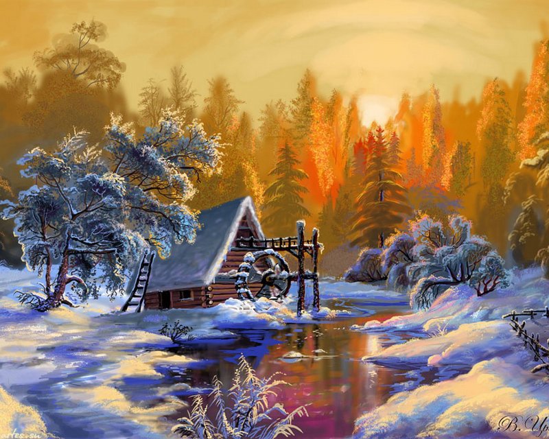 зимний пейзаж - зима, водяная мельница - оригинал
