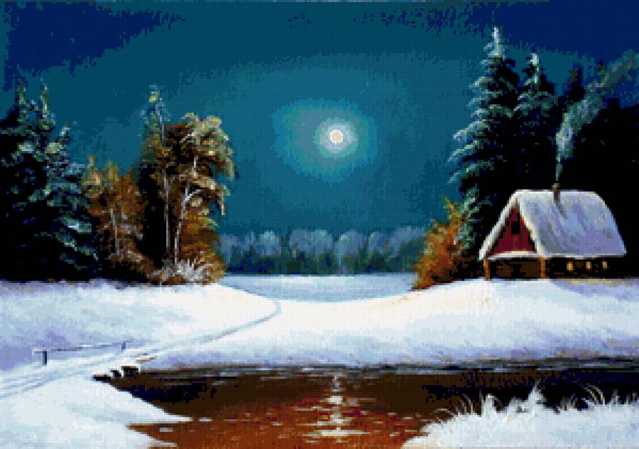 зимний пейзаж - пейзаж, природа, зима, деревня, ночь - предпросмотр