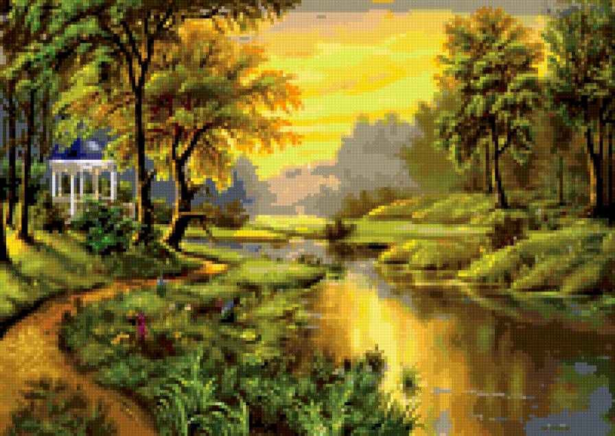 беседка у реки - беседка, река, лес, лето - предпросмотр