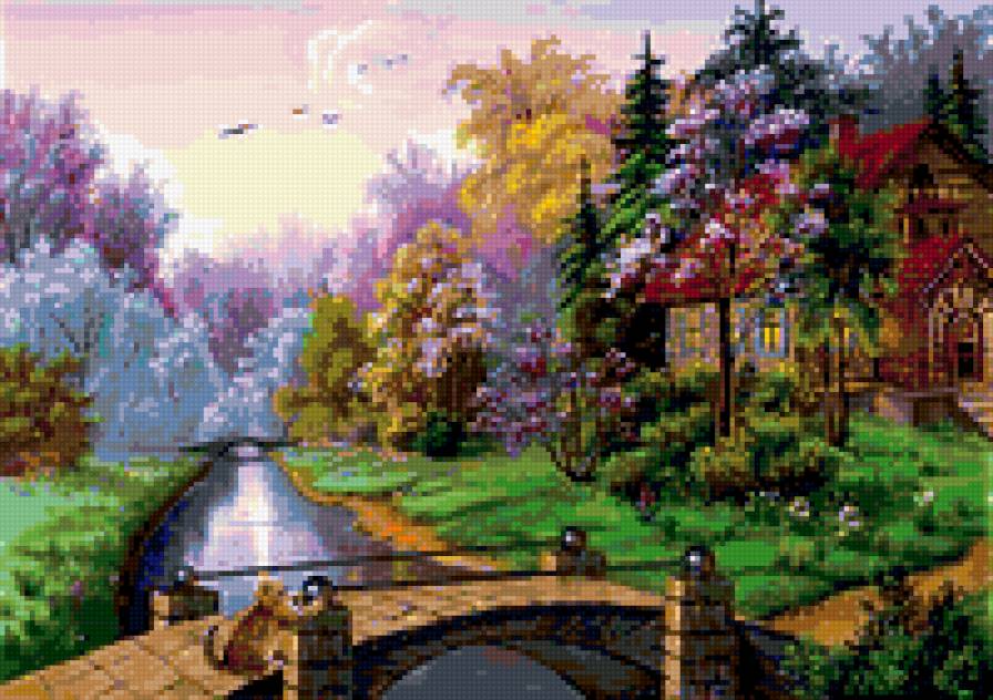 весенний день - речка, домик, мостик, котик - предпросмотр