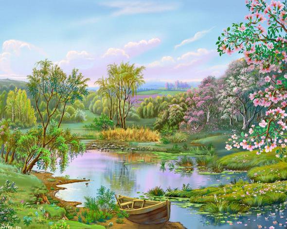 лето - лодочка, цветущие деревья, река - оригинал