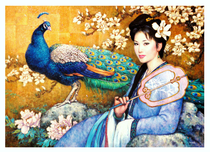 девушка с павлином - картина карл банг - оригинал
