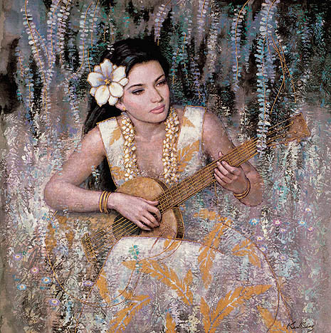 девушка в цветах с гитарой - картины карл банг - оригинал