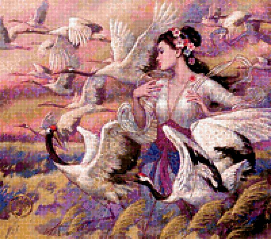 девушка и журавли - картина карл банг - предпросмотр