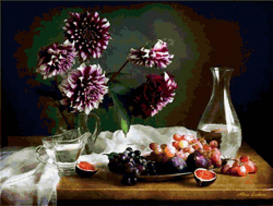натюрморт - георгины, цветы, натюрморт, виноград - предпросмотр