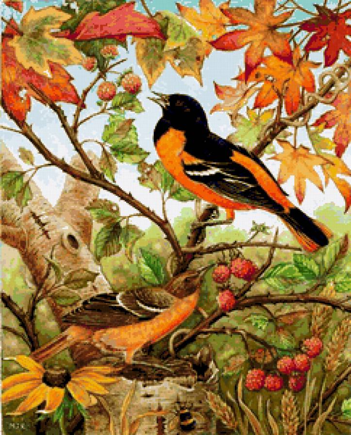 Птички и Ягодки - природа, ягодки, осень, птицы, птичкии, очень, листья - предпросмотр