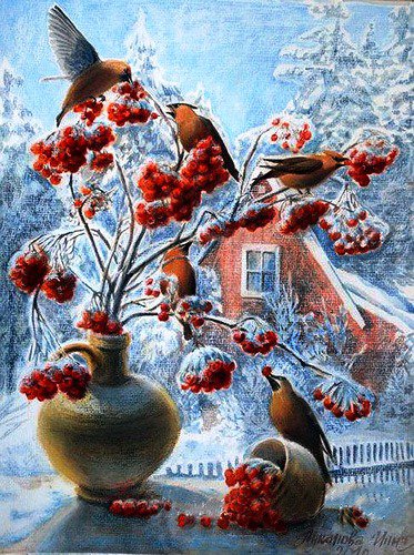Зимняя рябина - ягод, снегирь, окно, рябина, букет, птицы, зима, ягодки, снегири - оригинал