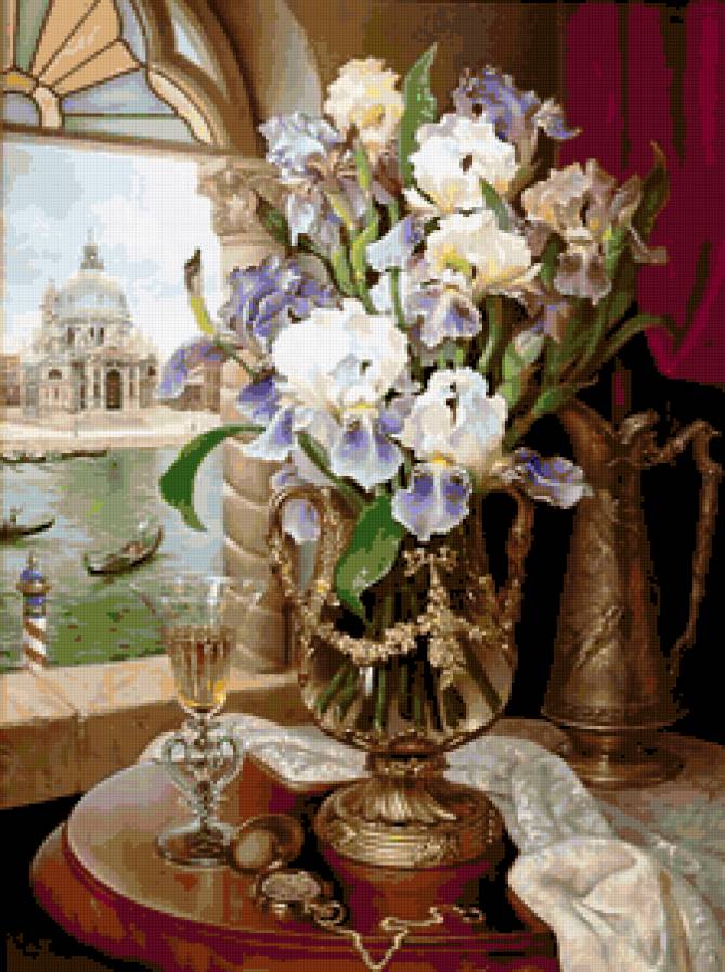 Вид на Венецию - натюрморт, букет, красота, цветы, окно, венеция, ирисы - предпросмотр