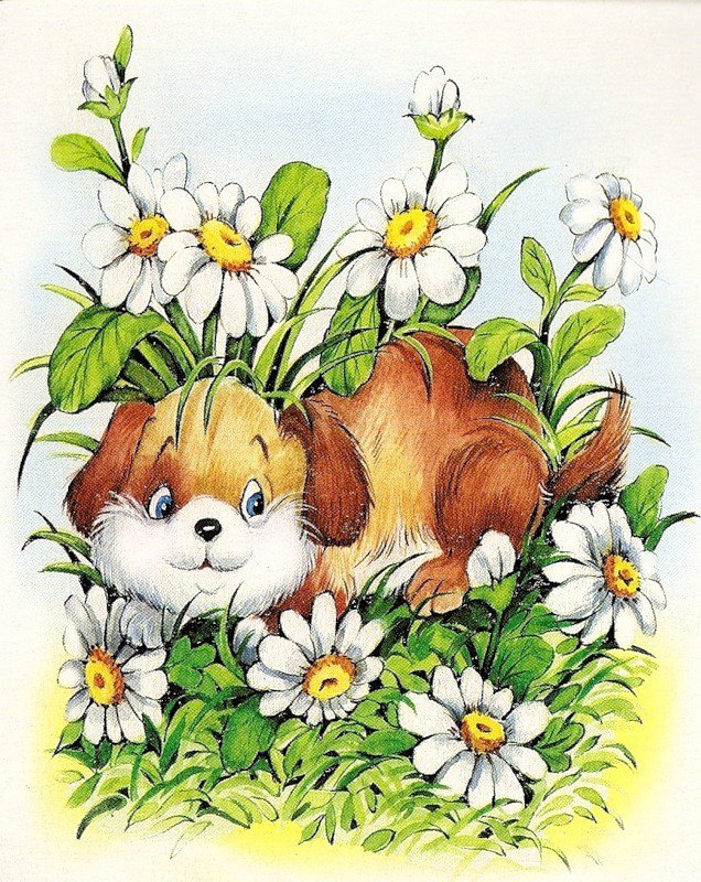 детская - ромашки, щенок, цветы - оригинал