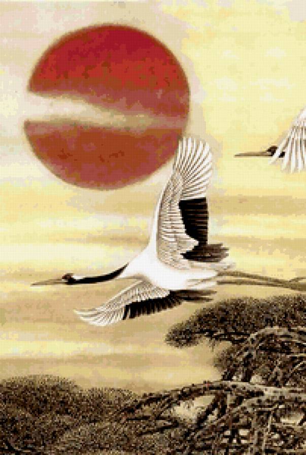 Журавли 1. Фрагмент 1 - птицы, журавли, анималисты, гохуа - предпросмотр