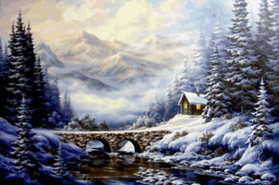 картина - зима, природа, речка.горы - предпросмотр
