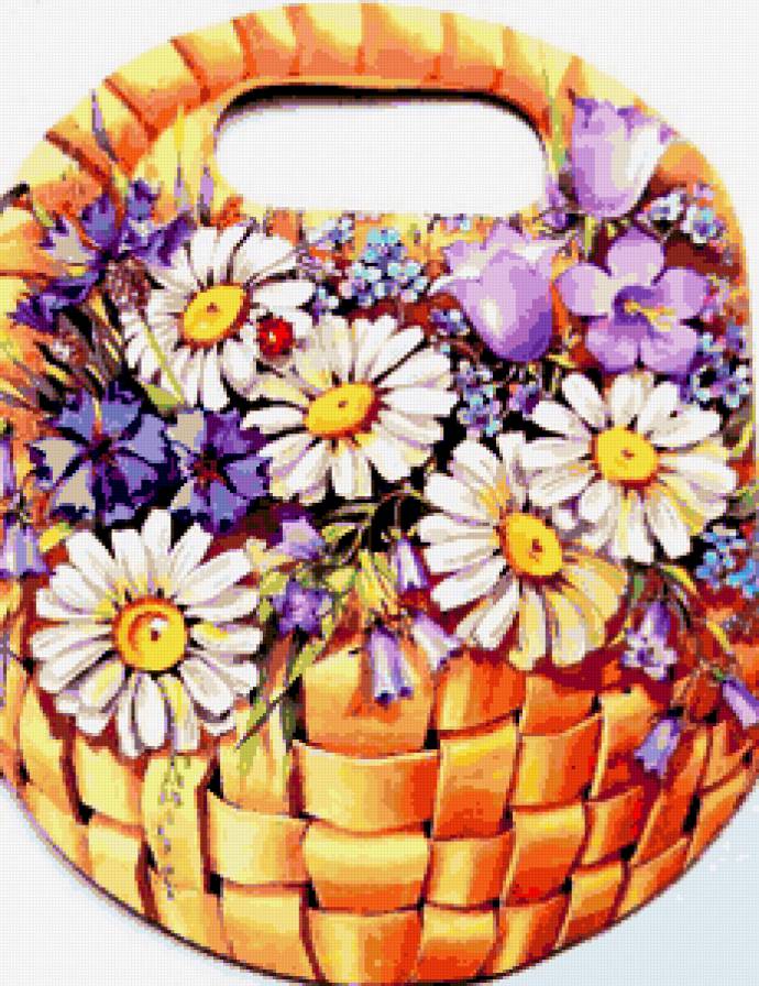 Корзина с цветами - букет, цветы, ромашки, колокольчики, корзина, божья коровка - предпросмотр