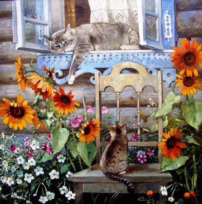 Воспоминание о лете - коты, кошки, палисадник, домик, цветы, подсолнухи, лето - оригинал