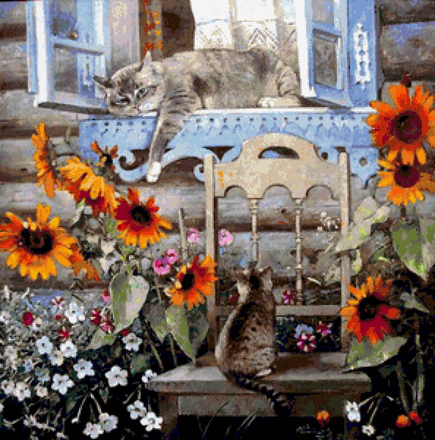 Воспоминание о лете - кошки, подсолнухи, палисадник, коты, домик, лето, цветы - предпросмотр