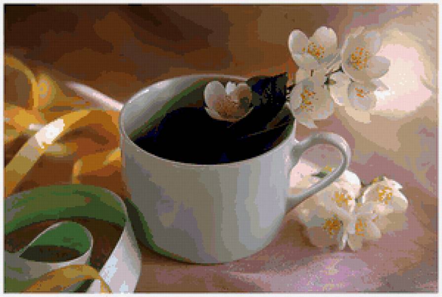 с жасмином - жасмин, чашка, натюрморт, цветы - предпросмотр