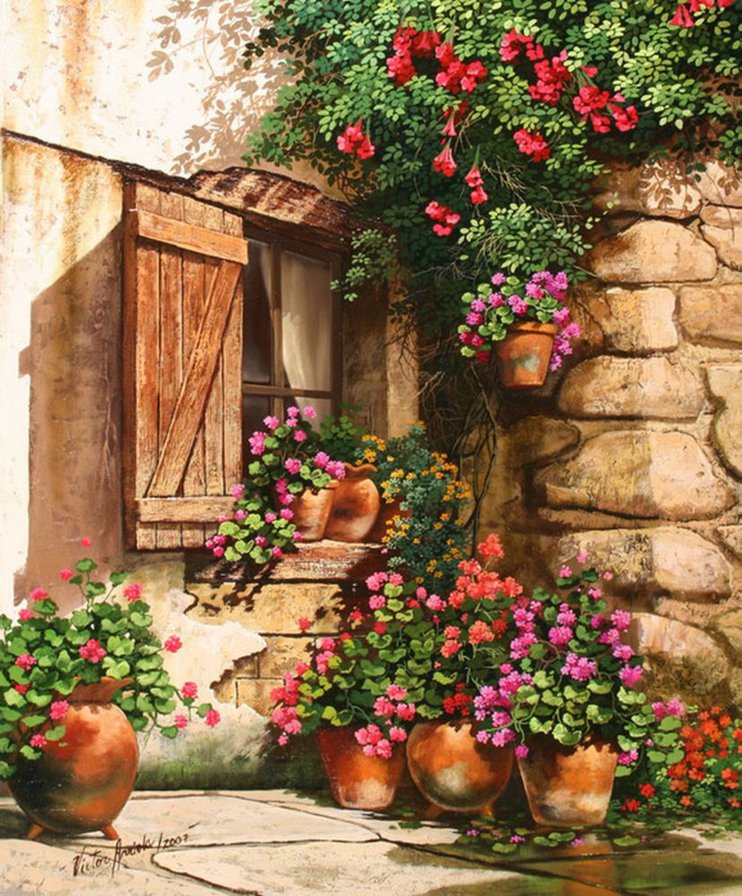 райский уголок - цветы, сад, розы, окно, палисадник, герань, уголок, окна - оригинал