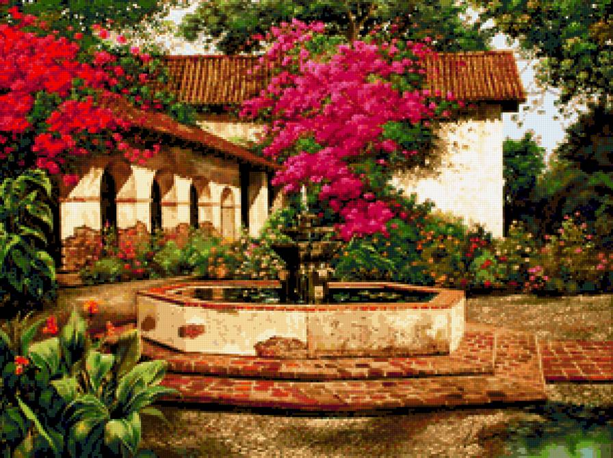 Райский уголок - цветы, домики, фонтан, сад, природа, красота, розы - предпросмотр