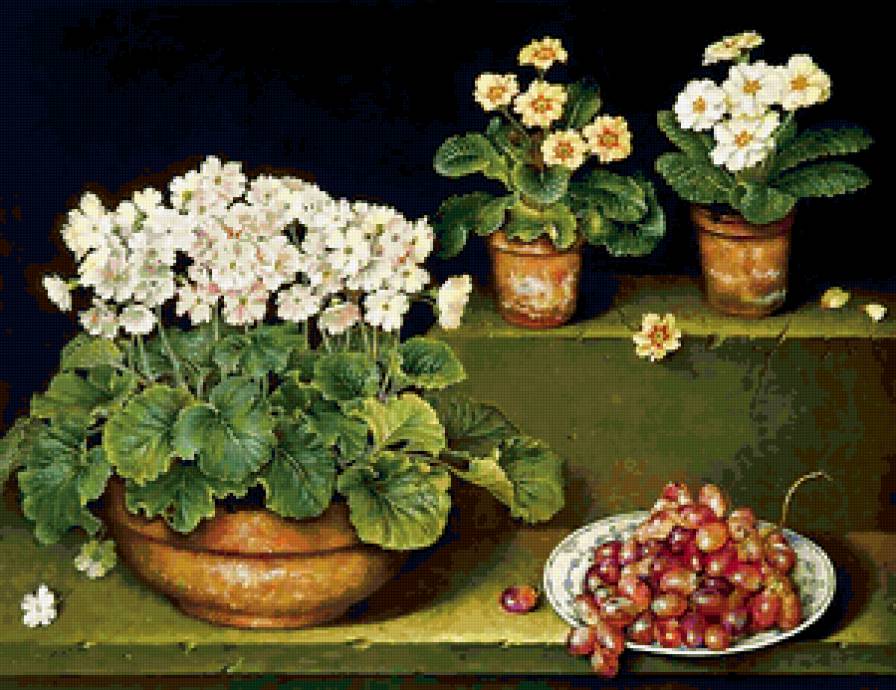 натюрморт цветы и виноград - виноград, цветы - предпросмотр