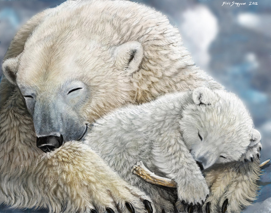 Сладкие сны - белые медведи, животные, сны, медведи, рядом с мамочкой - оригинал