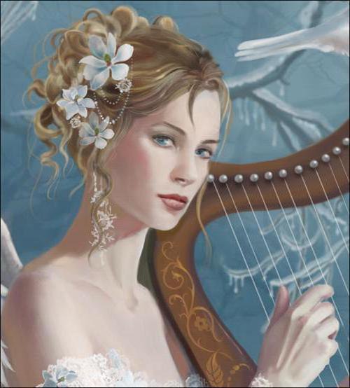 №322491 - арфа, девушка, цветы, портрет, музыка - оригинал