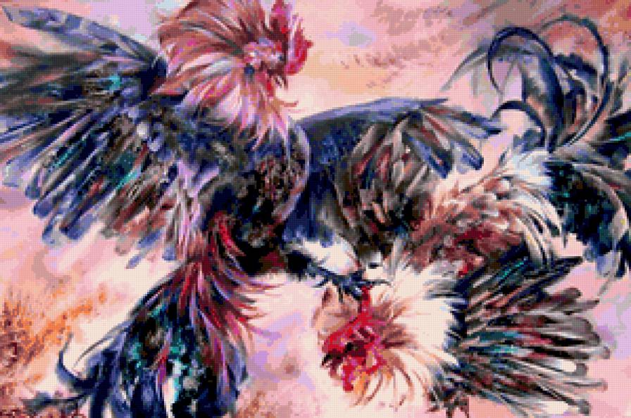 БОЙЦОВЫЕ ПЕТУХИ - петухи, живопись, птицы - предпросмотр