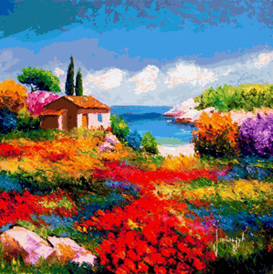 Цветущий пейзаж - домики, цветы, пейзаж, море - предпросмотр