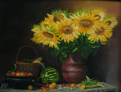 Натюрморт - цветы, подсолнухи, букет, арбуз - оригинал
