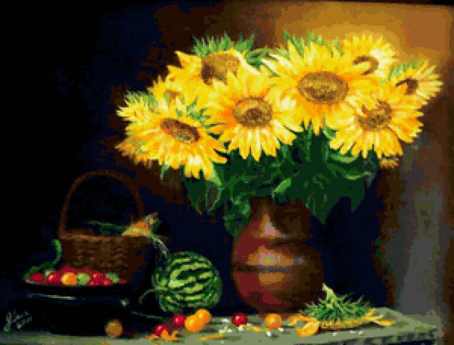 Натюрморт - арбуз, цветы, букет, подсолнухи - предпросмотр