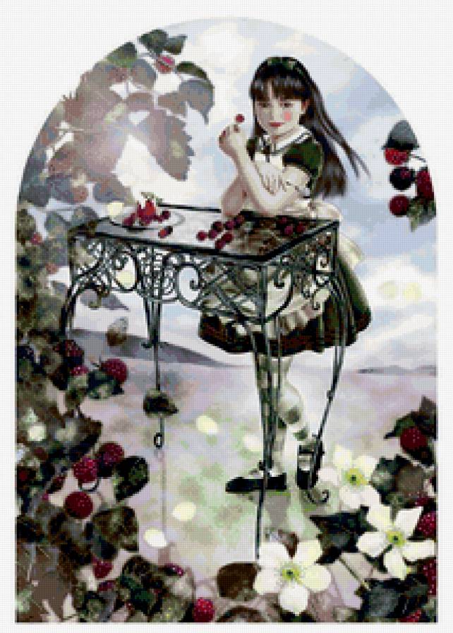 Ягодки - "пасмурно", сад, девочка, ягоды - предпросмотр