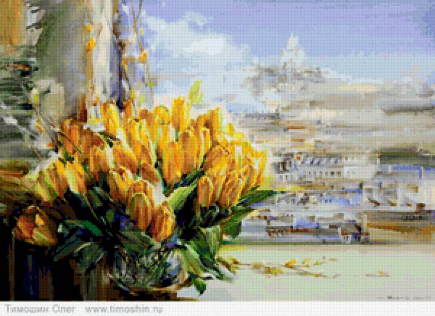 желтые тюльпаны - городской пейзаж, окно, город, цветы, букет, тюльпаны - предпросмотр