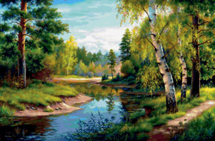 картина - лето, речка, лес, пейзаж, природа - предпросмотр