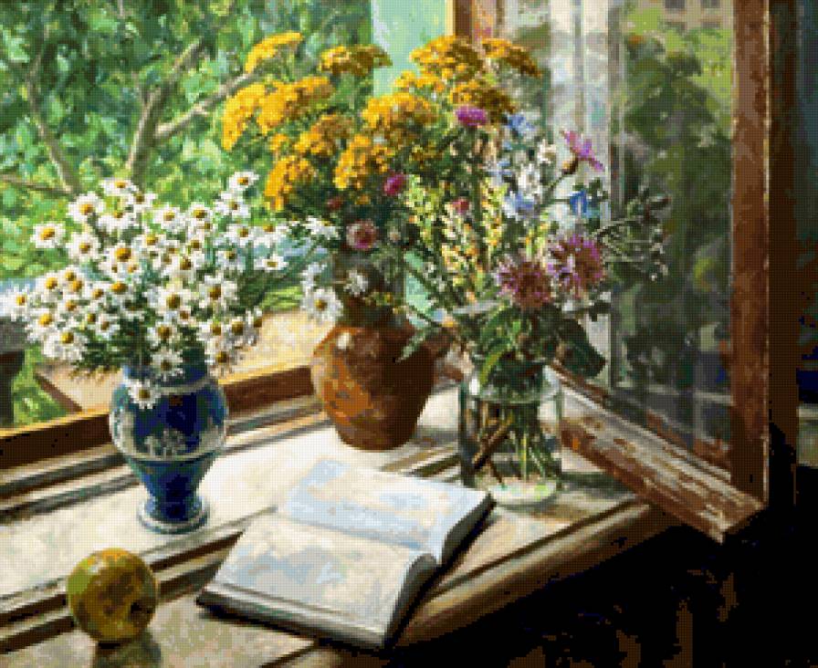 №324082 - натюрморт, окно, пейзаж, букет, фрукты, цветы - предпросмотр