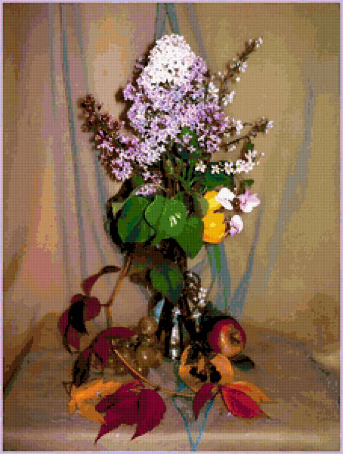 №324089 - натюрморт, букет, цветы, фрукты - предпросмотр