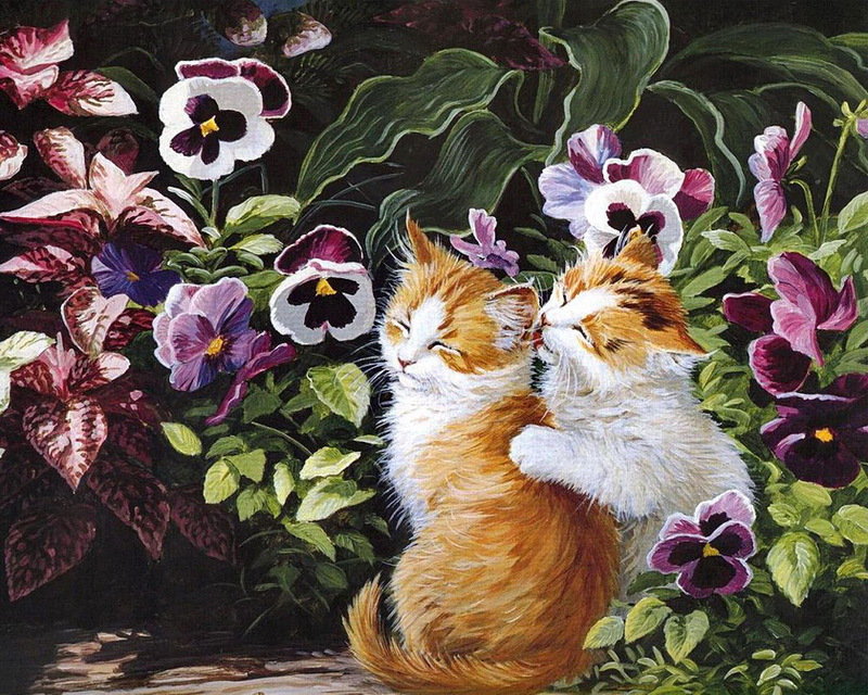 котята и цветы - картина - оригинал