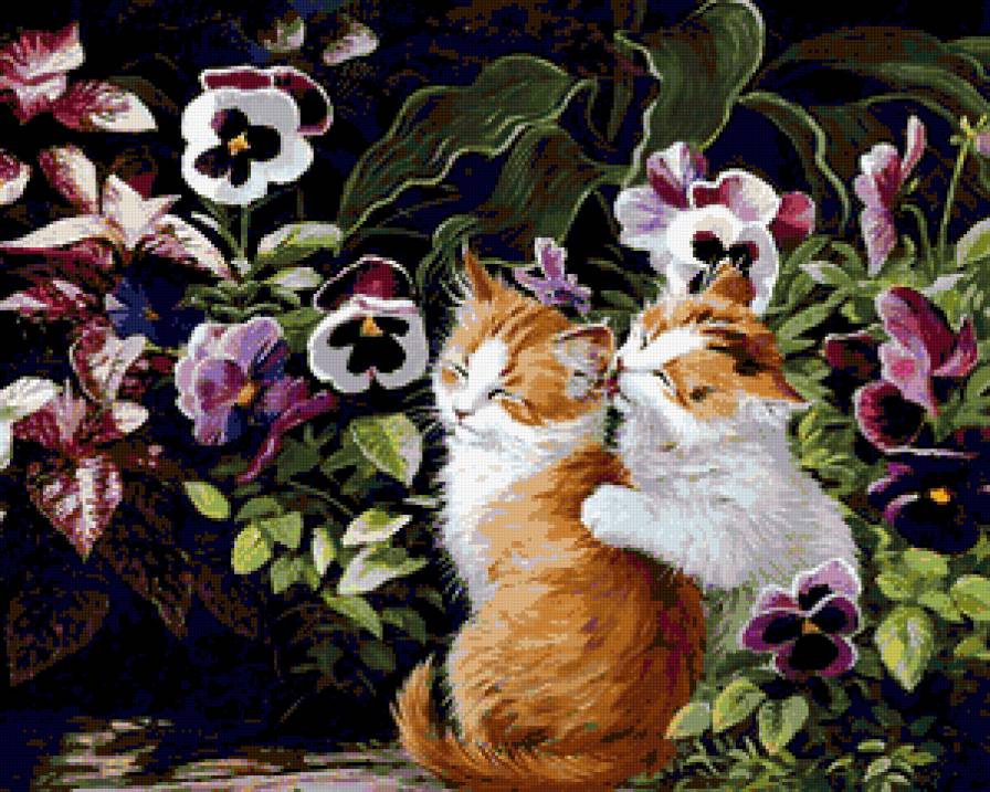 котята и цветы - картина - предпросмотр