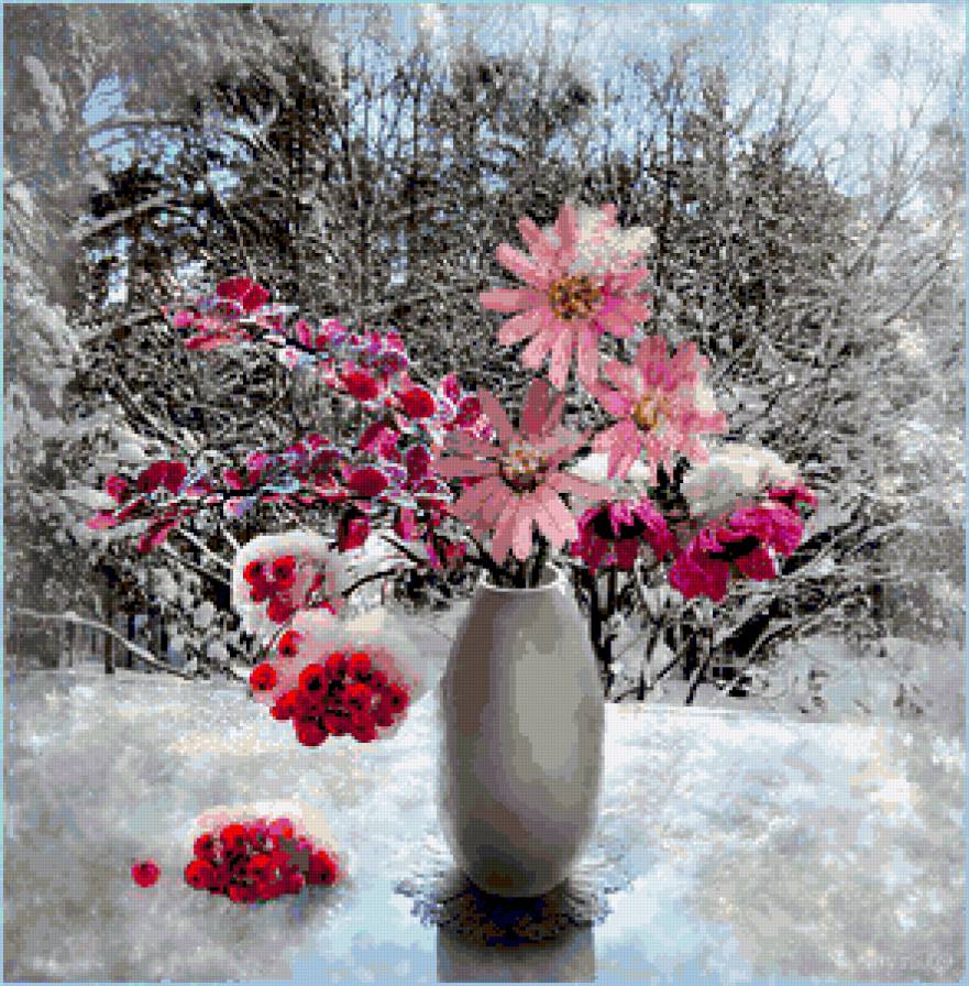 весна среди зимы - пейзаж, букет, зима, натюрморт, цветы - предпросмотр