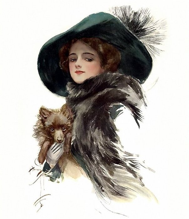 дама с собачкой - картина девушка шляпа собака - оригинал