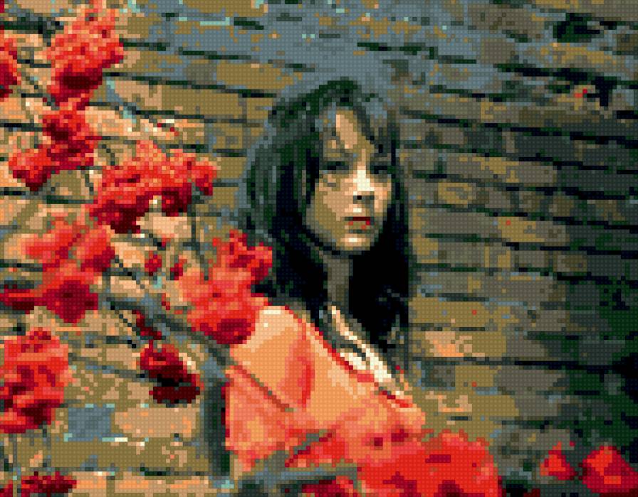 девушка в красном - стена, гвоздики, цветы, девушка - предпросмотр